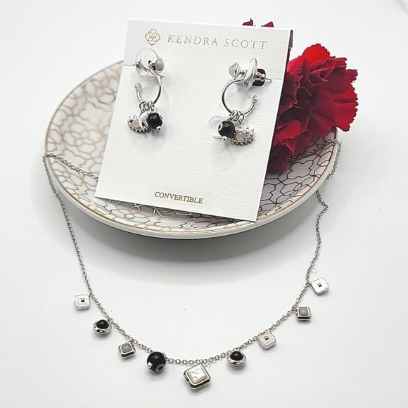 NWT KENDRA SCOTT GEMMA NECKLACE AND EARRINGS SET BLACK WHITE SILVER - Picture 1 of 8